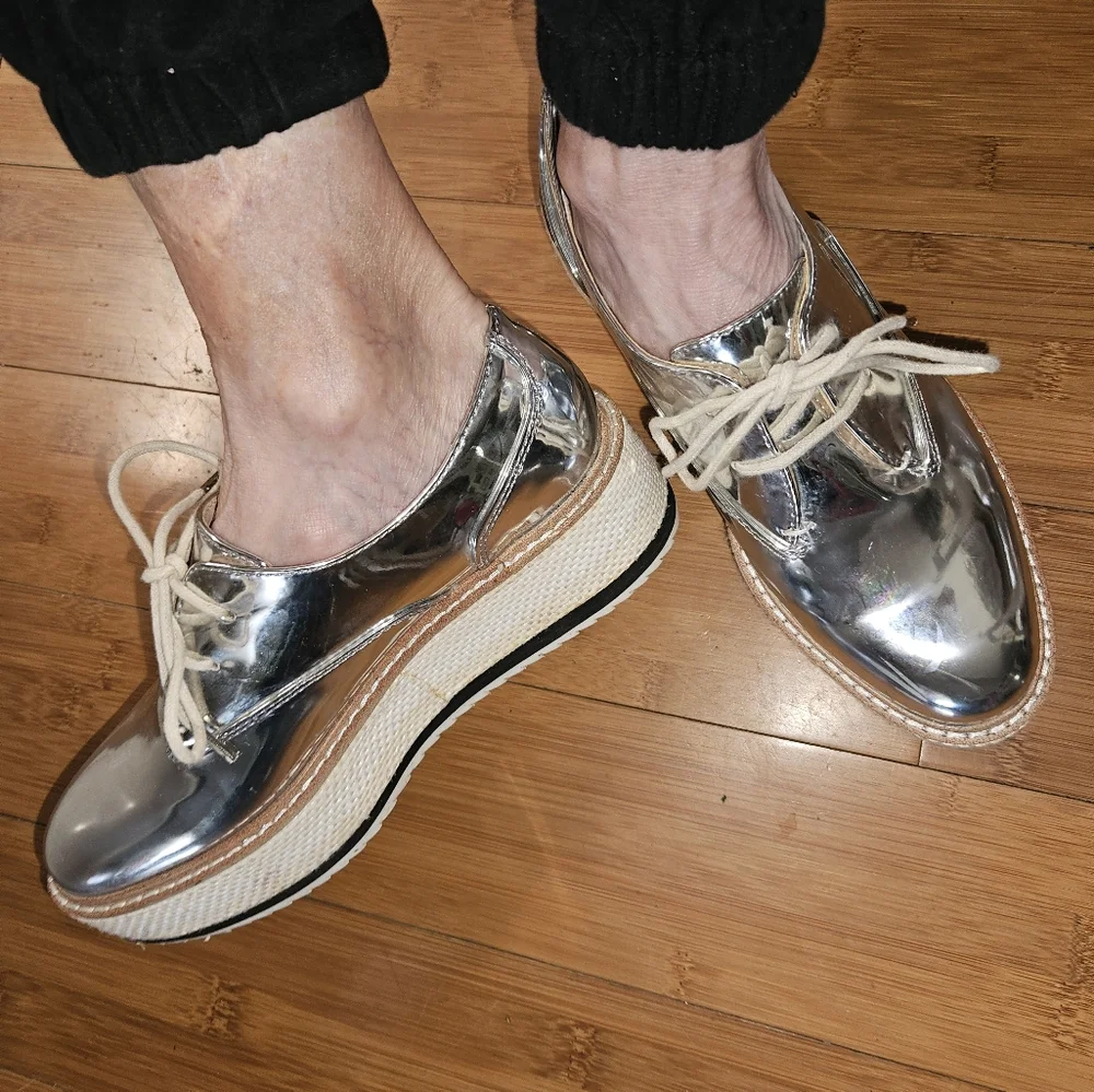 Zara Silver Metallic Platform Lace-Up Shoes with Cream Laces